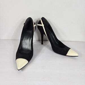 Stuart Weitzman Leather Pointed Toe Stiletto Pumps Black White Made In Spain 8.5